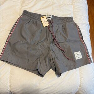Thom Browne Charcoal Swim Trunks with Red Stripes